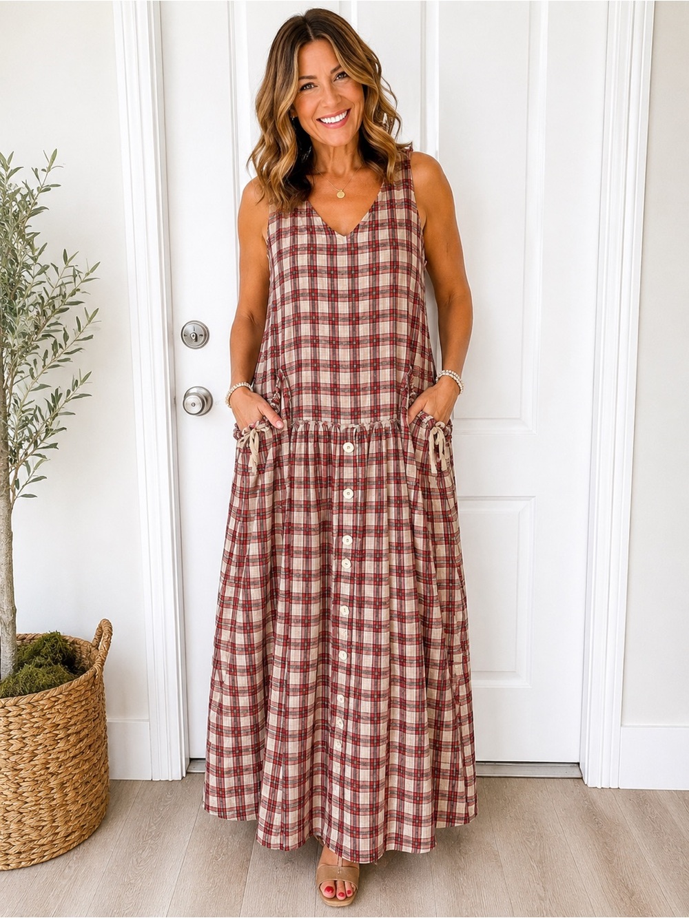 Sunday St Tropez France 100% Linen Plaid Lagenlook Midi Dress Oversized large